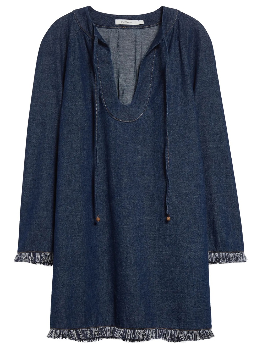 NWT Zimmermann Rhiannon Long Sleeve Fringe Trim Denim Minidress